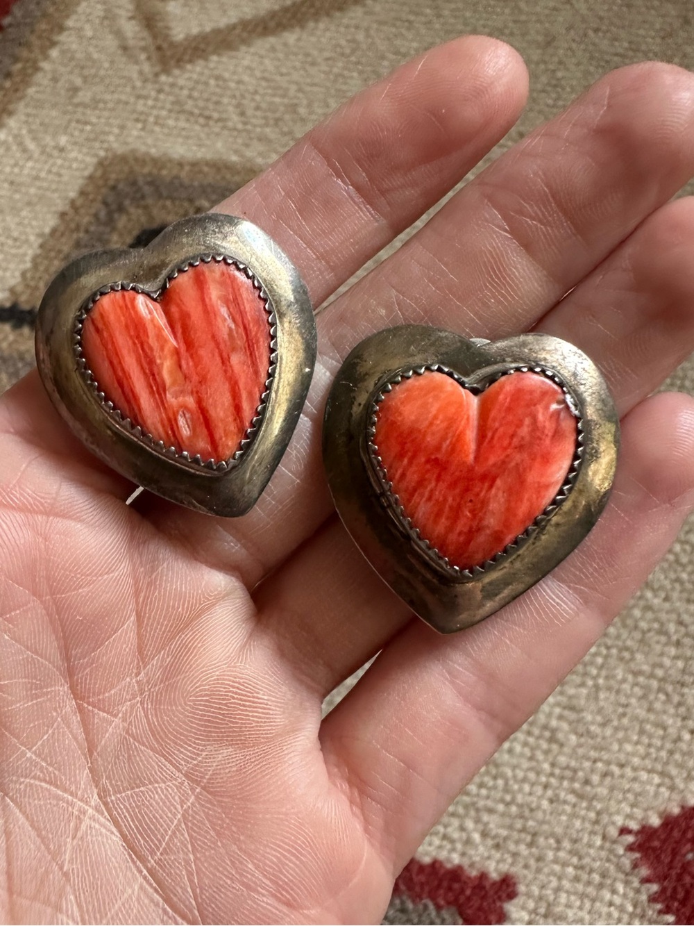 Vintage Matthew’s Sterling And Coral Heart Shaped Earrings